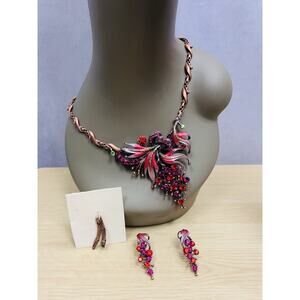 Vintage Boho Multicolor Pink Tropical Flower Necklace & Earring Statemen…